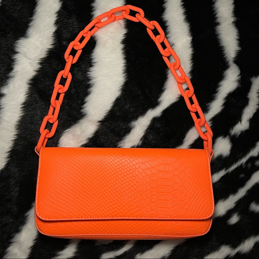 Orange Croc Chain Baguette Bag